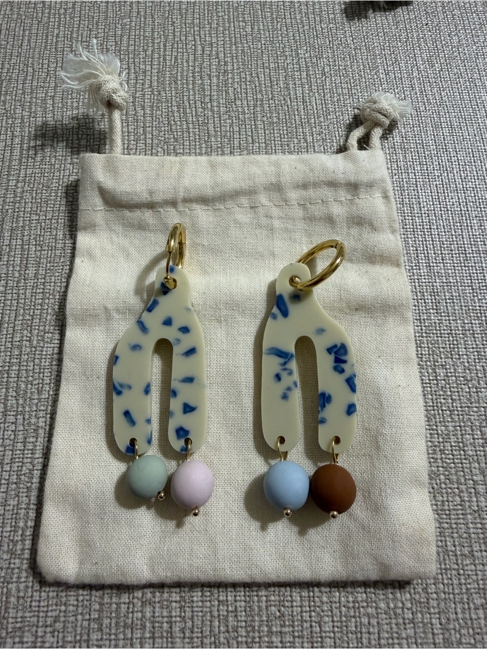 Cream and Blue Speckled Dangle Earrings with Pastel Beads